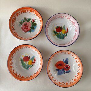 Vintage Enamel Floral Bowls - Set of 4